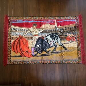Vintage Matador Tapestry Rug Velvety Wall Hanging Bull Fighting 5ft x 3ft